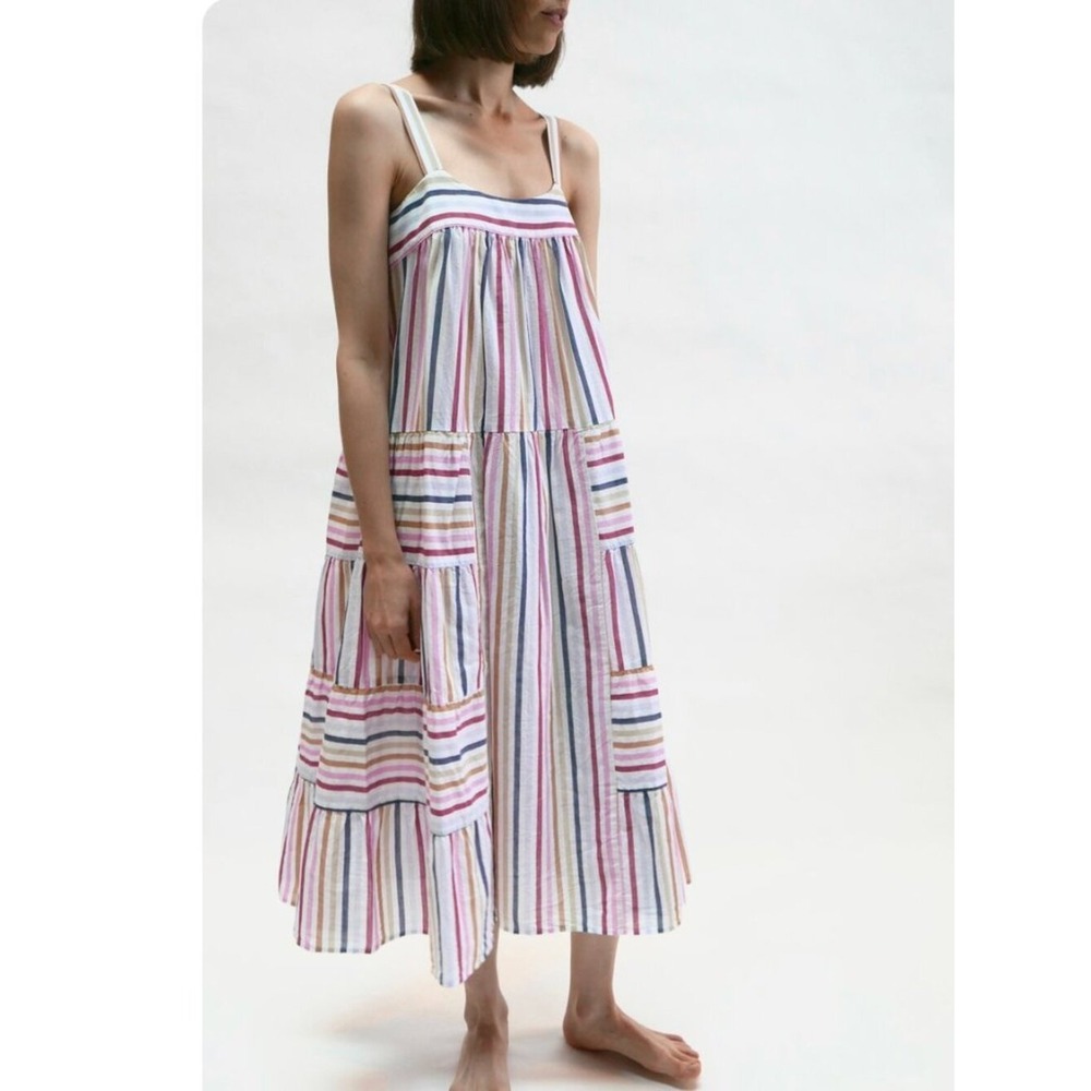XiRENA Striped Midi Dress in White with Multicolor Stripes